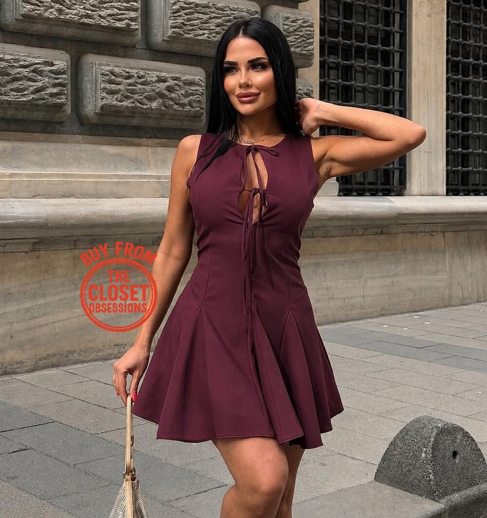 Zara NWT Burgundy Bow Fit Flare Mini Dress M L XL